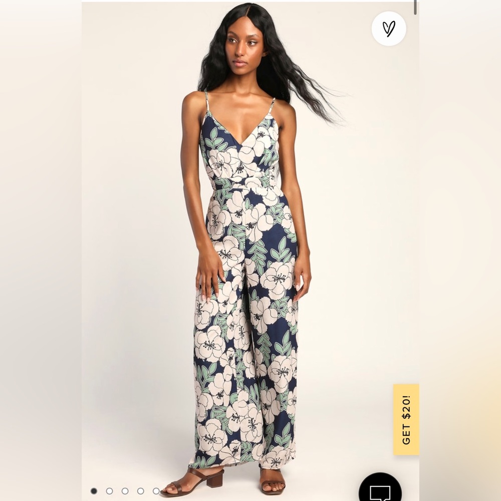 Lulus Navy Blue Floral Print Backless Jumpsuit NWT